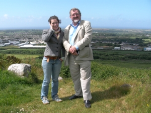 Leonor Medeiros and Stuart Smith on Carn Brea overlooking Camborne mining town, Cornwall